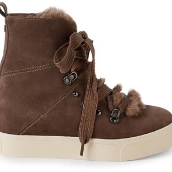 J Slides Taupe Whitney Fur Wedge Sneaker - Picture 1 of 5